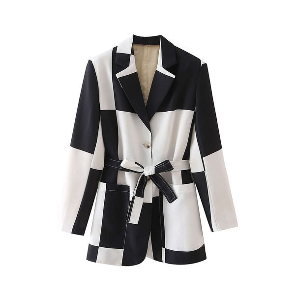

autumn women's style lapel long sleeve belt color matching casual suit coat, Black;brown