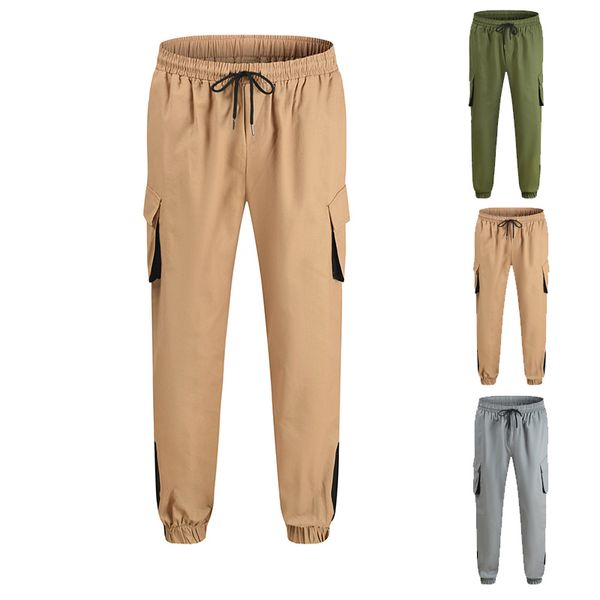 

men's pants autumn youth fashion casual solid color tethered multi pocket trousers, Black
