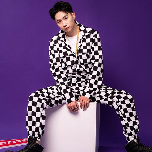 

men's black white checkered overalls big-name style tooling jacket hip-hop multi-pocket sports pants