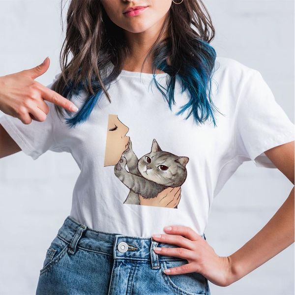 

women's t-shirt cute cat don't kiss me funny graphic cartoon t shirts women ulzzang fashion oversized korean style aesthetic, White