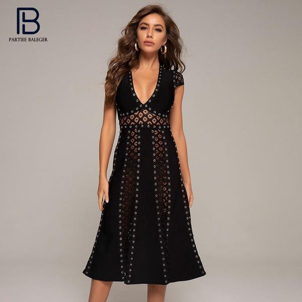 

casual dresses pb stylish black midi dress hollow out circle rivet design lace splicing v neck celebrity party bandage vestido, Black;gray