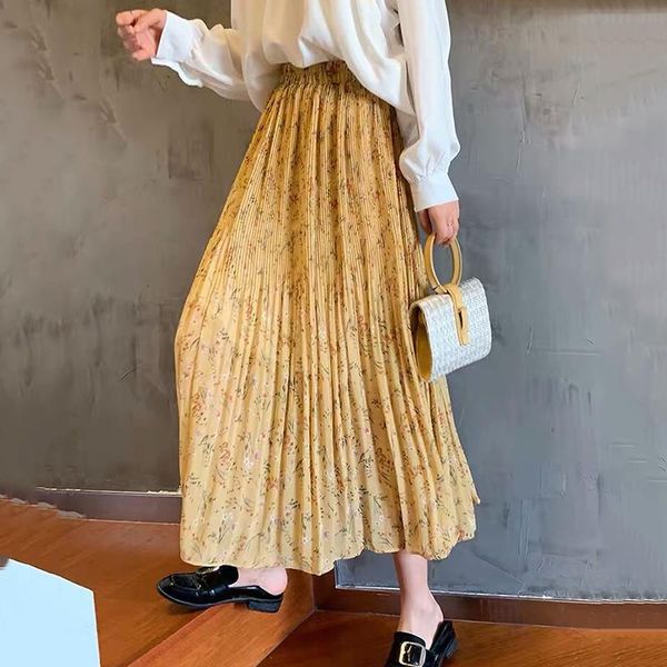 

skirts floral printed women's pleats elegant high waist chiffon a-line printting female chic retro elastic, Black