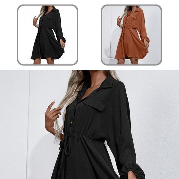 

casual dresses autumn trendy turn-down collar mini dress waist tight women lace up for work, Black;gray