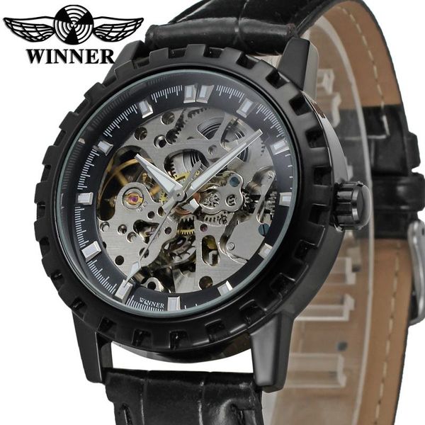 

wristwatches t-winner simple casual hollow out automatic mechanical watch black gear circular men's wrist strap, Slivery;brown