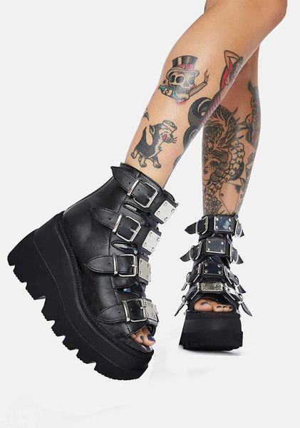 

dress shoes brand design fashion wholesale women cool open toe buckles platform wedges heels pumps, Black