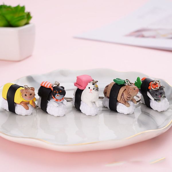 

5pcs creative personality strange cute cartoon sushi cat figurine key ring pendant bag accessories, Silver