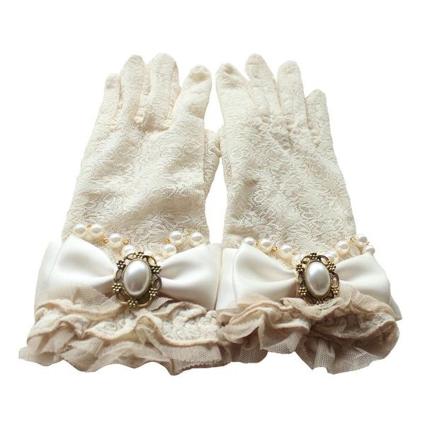 

women lolita lace gloves beige cute bead chain pearl for gifts five fingers, Blue;gray