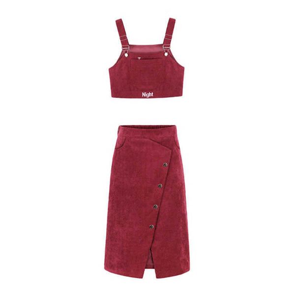 Talvez vocês mulheres dois pedaços definir letra bordado tanque vinho vermelho corduroy midi saia zipper bolso verão bolso de rua T0144 210529