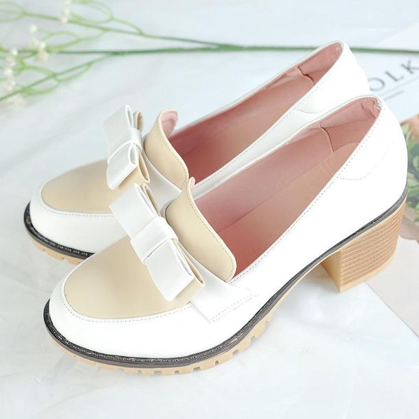 

dress shoes fashion chunky heels pumps women high round toe retro bow ladies 2021 spring slip on footwear, Black