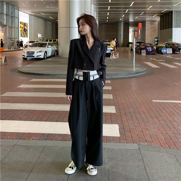 

women's tracksuits fashionable casual women suit two piece set short jacket + patchwork design high waist wide leg pants 2021 autumn ch, Gray