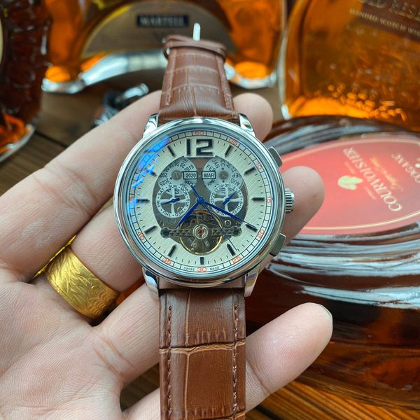 

luxury fashion mens watches all sub-dials work movement watch daydate genuine leather strap mechanical automatic wristwatches for men christ, Slivery;brown