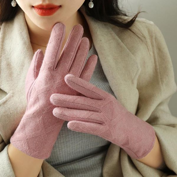 

five fingers gloves woman winter cashmere knit velvet thick plush touch screen warm for sports cycling outdoor full finger driving mitten r7, Blue;gray