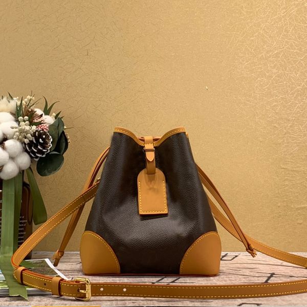 

classic old pattern bucket bag flower material leather handbag ladies crossbody drawstring bags fashion back purse