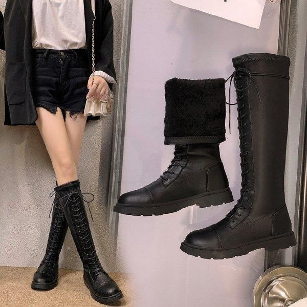 

boots women's over-the-knee 2021 autumn winter velvet wild high-knight thick heel flat elastic, Black