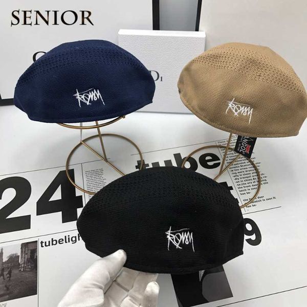 

berets kangaroo knitted mesh cotton couple hat korean fashion street embroidery men and women beret brand design female artist, Blue;gray