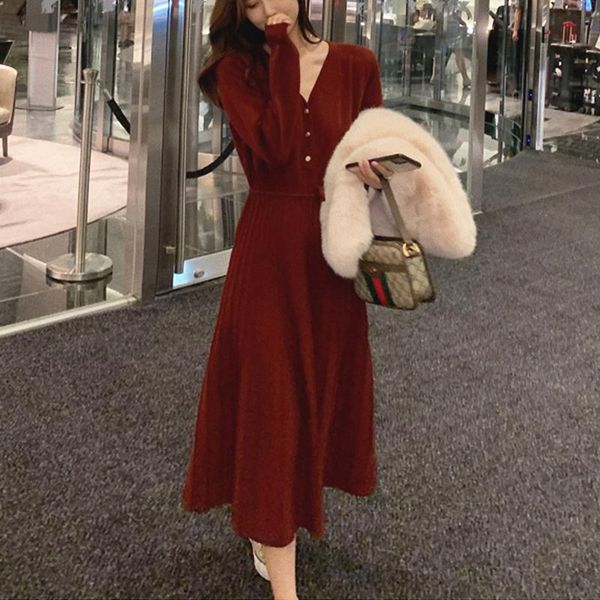 

casual dresses midi sweater dress women long sleeve v-neck elegant office knitted female one-piece korean 2021 autumn winter, Black;gray