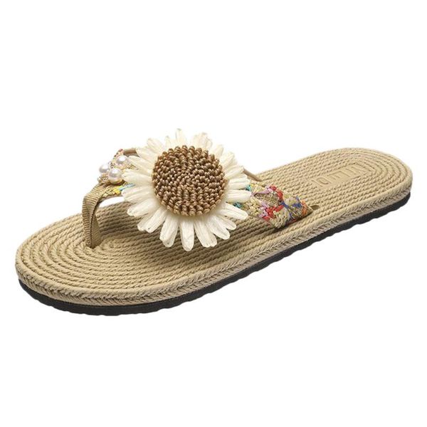 

slippers flip flops women bohemian beach print pearl flat shoes flip-flops open toe comfortable straw rubber, Black