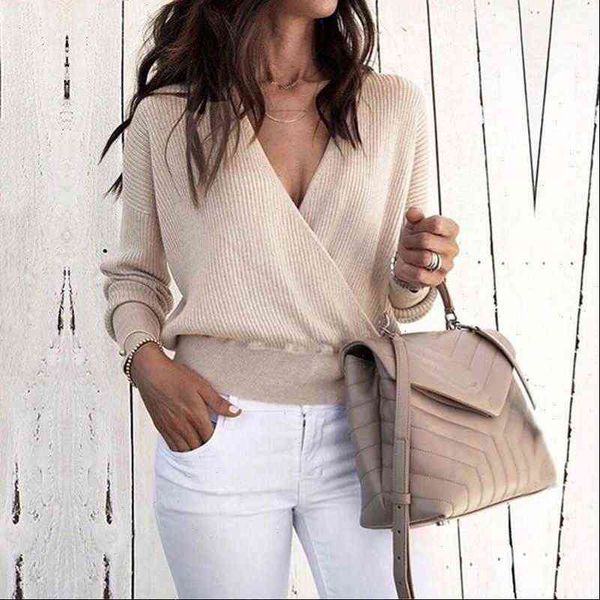 

womens blouses autumn women deep v neck long sleeve loose blouse casual vintage solid crossed party club tee shirt, White