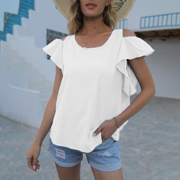

women's blouses & shirts 40# office lady ruffles womens blouse solid color o-neck short sleeves tunic elegant summer women clothing, White
