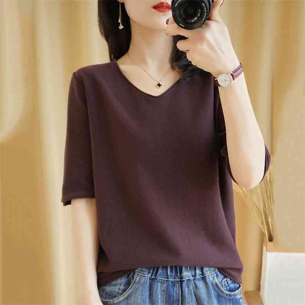 

t-shirt women summer pure cotton knitted sweater half sleeve casual plus size v-neck pullover tees 210708, White