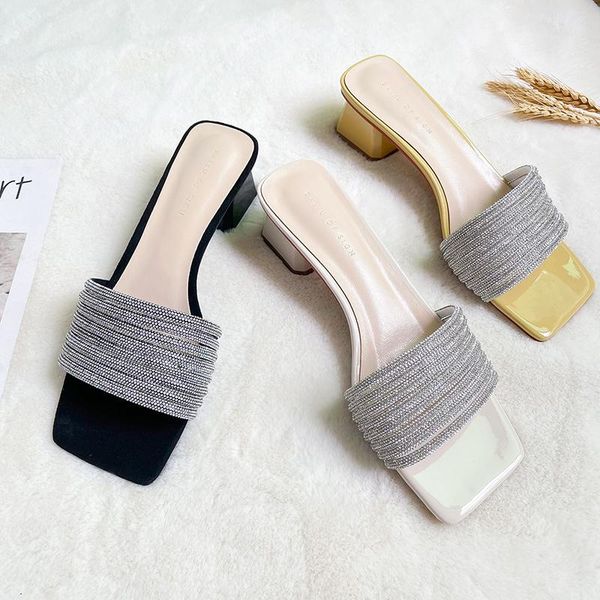 

slippers 2021 summer women sandals ladies soft 5.5cm rhinestone narrow band beach bohemian thick high heel slide, Black