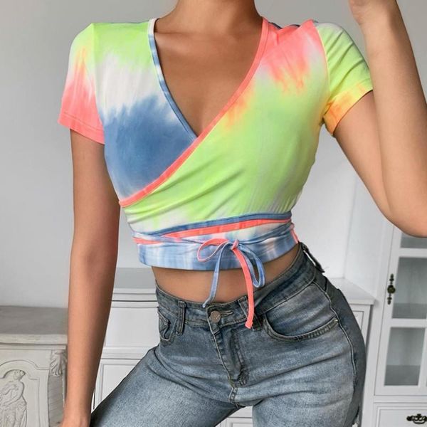 

women's t-shirt women v-neck short sleeve wrap streetwear summer clothes tie dyeing t shirt, White