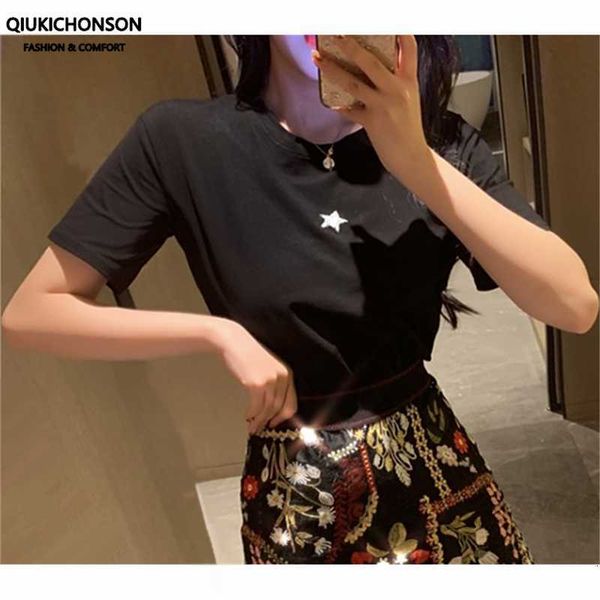 

women's t-shirt women black t shirt summer korean fashion diamonds nail bead glitter star ts cotton ladies tee femme 0x8m, White