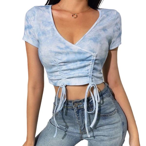

women's t-shirt women summer short-sleeved korean fashion tie-dye exposed navel side drawstring, White