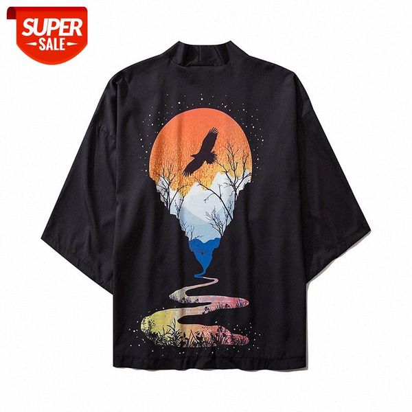 

source japanese ukiyo-e sunset flying eagle print three-quarter sleeve road gown weiyi beach style loose shirt #ha7q, White;black