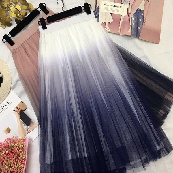 

long tulle skirt women 2021 autumn gradient korean elegant high waist a line school midi female wf0185 skirts, Black