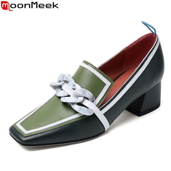 

dress shoes moonmeek 2021 brand genuine leather women pumps thick high heels square toe ladies fashion green color, Black
