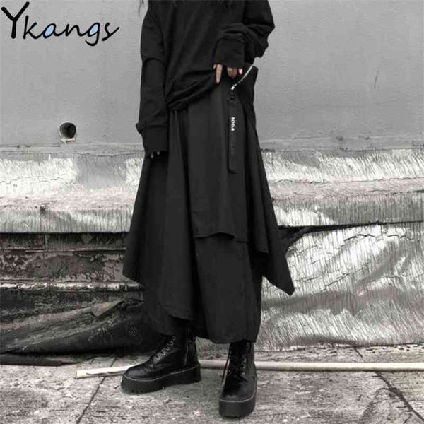 

women's gothic high-waist pleated skirts fashion ladies irrgular midi long korean style black femme jupes 210421