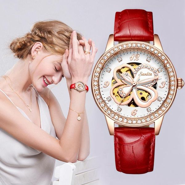 

wristwatches sunkta red women watch automatic mechanical tourbillon sport clock casual leather waterproof wrist, Slivery;brown