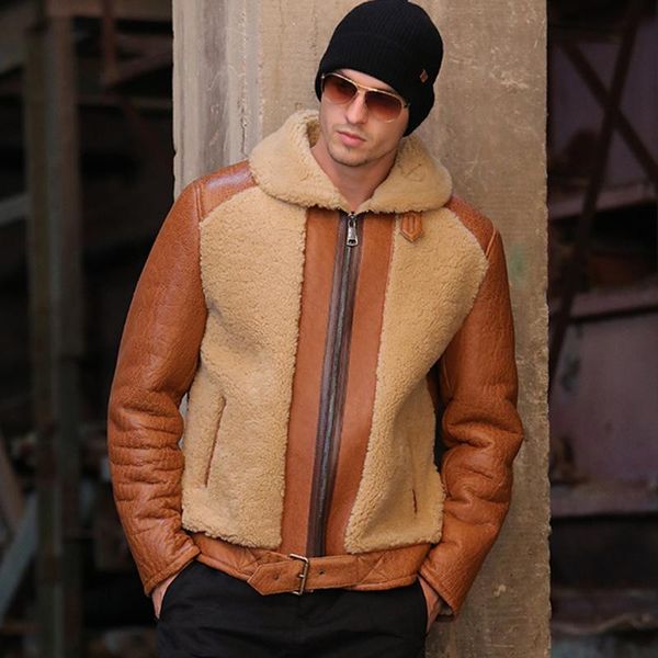 

sheepskin fur sani shearling short brown jacket real natural genuine leather winter warm overcoat men's & faux, Black