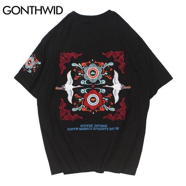

tshirts hip hop streetwear men embroidery cranes flowers cotton t-shirts casual harajuku loose short sleeve tees 210602, White;black