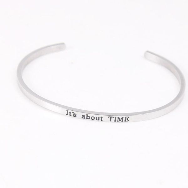 

bangle 3.2 width stainless steel "it's about time" engrave positive inspirational quote hand made cuff bracelets for women, Black