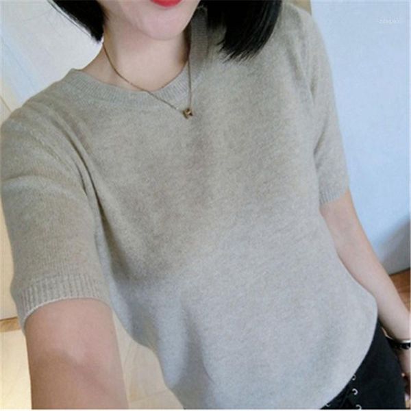 

women's sweaters casual knitted short sleeve sweater spring autumn summer cashmere blended o-neck solid color pullovers tees, White;black