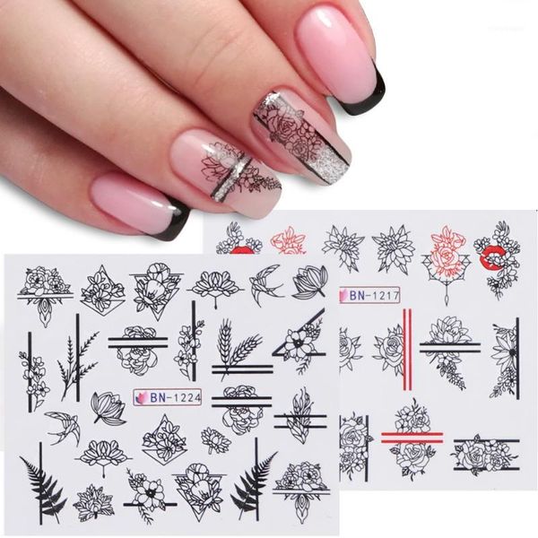 

1pcs nail stickers black line girl slider writing letter tattoo art water transfer decals manicure decor trbn1237-12481