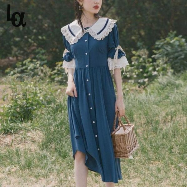 

summer kawaii lolita dress women patchwork lace vintage princess short sleeve sweet cute fairy tale midi 210519, Black;gray