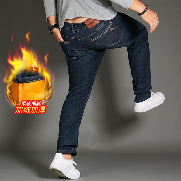 

men's jeans autumn winter men fleece blue straight high waisted stretch trousers mens velvet plus size 42 44 46 48 warm man denim pant