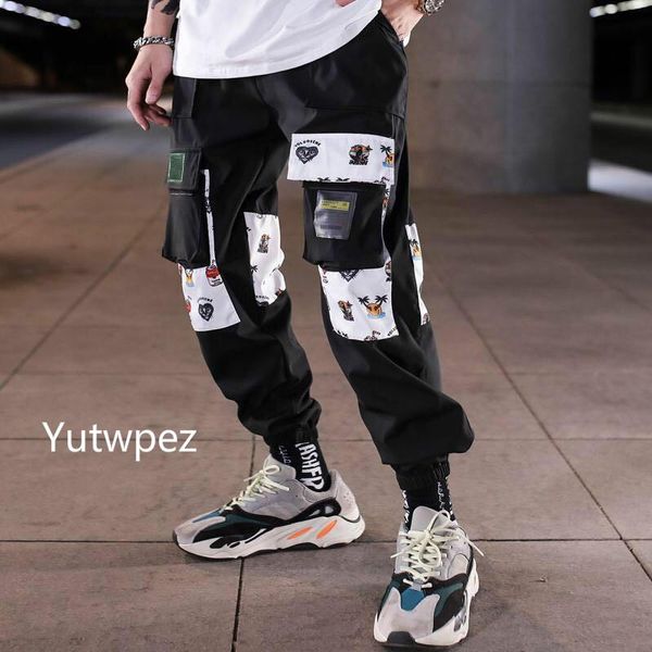 

hip hop ribbons cargo pants men joggers streetwear 2021 fashion mens elastic waist pant cotton black w117 men's