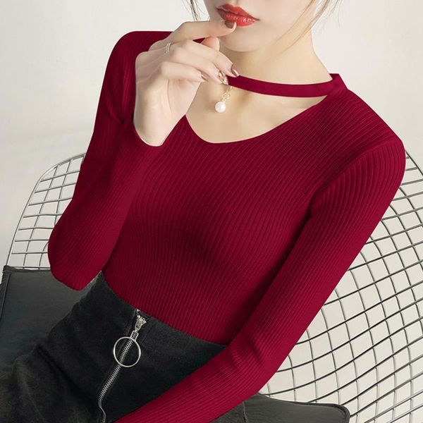 

fashion autumn winter women sweaters long sleeve v neck basic soft slim knitted pullover burgundy, White;black