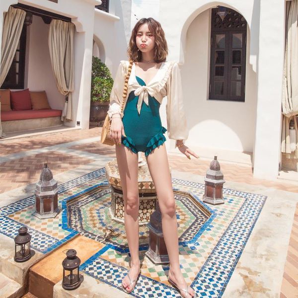 

thin swimsuits fan cover belly conjoined show korean ins super fairy new women's briefs net red, White;black