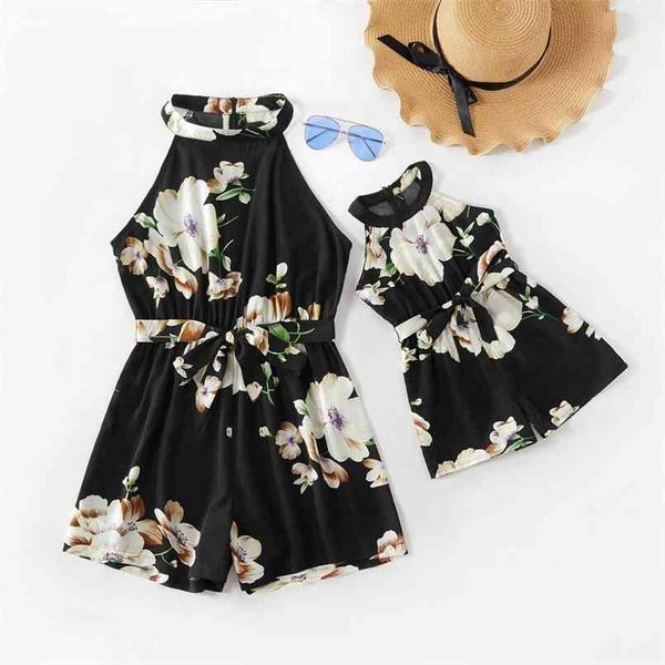 

summer floral print sleeveless matching black shorts rompers 210528, Blue