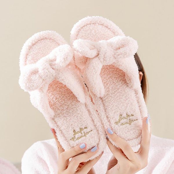 

autumn winter solid house women velvet slippers open toe knot warm plush bedroom flat shoes indoor ladies fur, Black