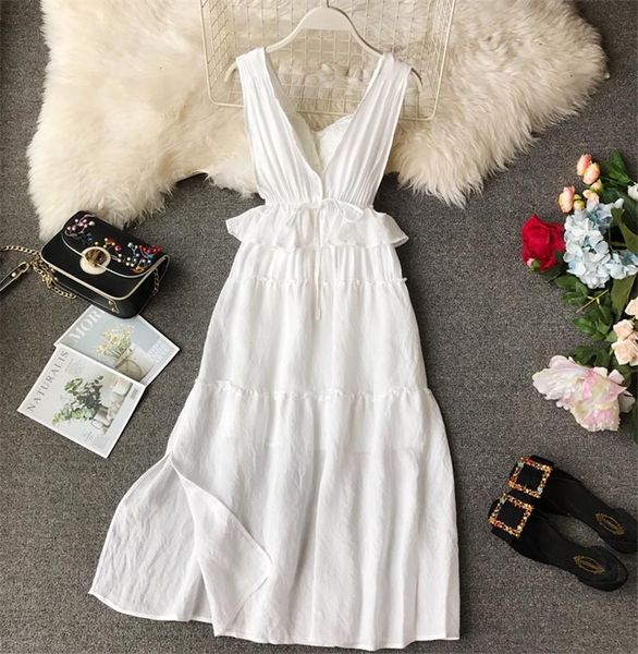 

summer women's white v-neck halter dress long skirt seaside holiday beach evening party swimwear, White;black
