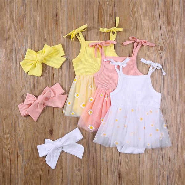 

baby girls summer cute style outfits 2pcs , self tie strap sleeveless daisy print tutu romper with headband set clothing sets, White