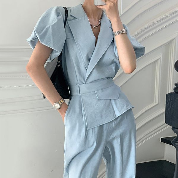 

summer blue casual fashion retro temperament lapel design sense of bubble sleeve jumpsuit trousers women 16f1016 210510, Black;white