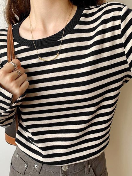 

women's t-shirt long sleeve t-shirts women striped retro fashion neck cotton all-match korean style loose leisure cozy basic chic stree, White