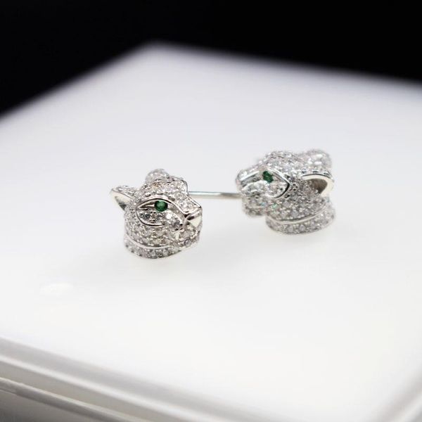

leopard head green eyes stud earring 925 sterling silver full zircon beads panther women animal bridal jewelry, Golden;silver